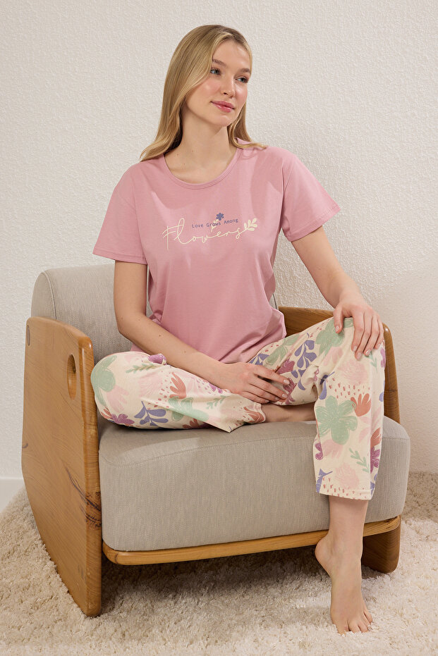 Pembe %100 Pamuklu Çiçekli Sloganlı Örme Pijama Takımı THMSS25PT00378 - 2