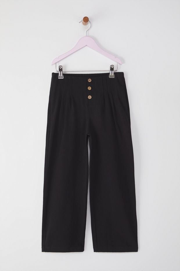 Siyah Kız Çocuk %100 Pamuk Basic Lastikli Wide Leg Örme Pantolon TKDSS25PL00003 - 1