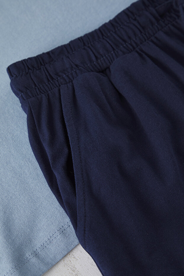 İndigo - Lacivert Regular Fit %100 Pamuk Örme Şortlu Pijama Takımı TMNSS25PT00033 - 3