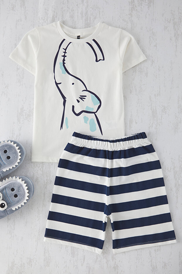 Ekru Erkek Çocuk %100 Pamuk Fil Baskılı Kısa Kol Örme Pijama Takımı TKDSS25PT00019 - 1