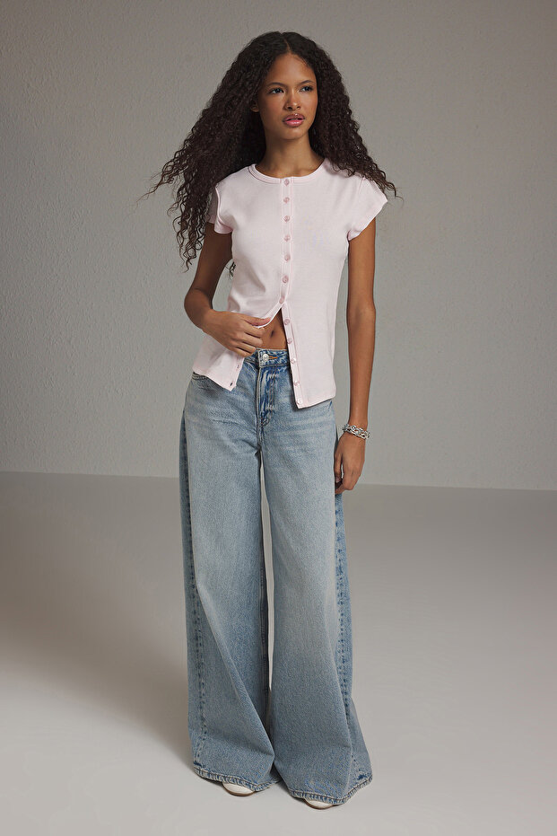 Pembe Düğmeli Fitted/Vücuda Oturan Örme Bluz TWOSS25BZ00281 - 2