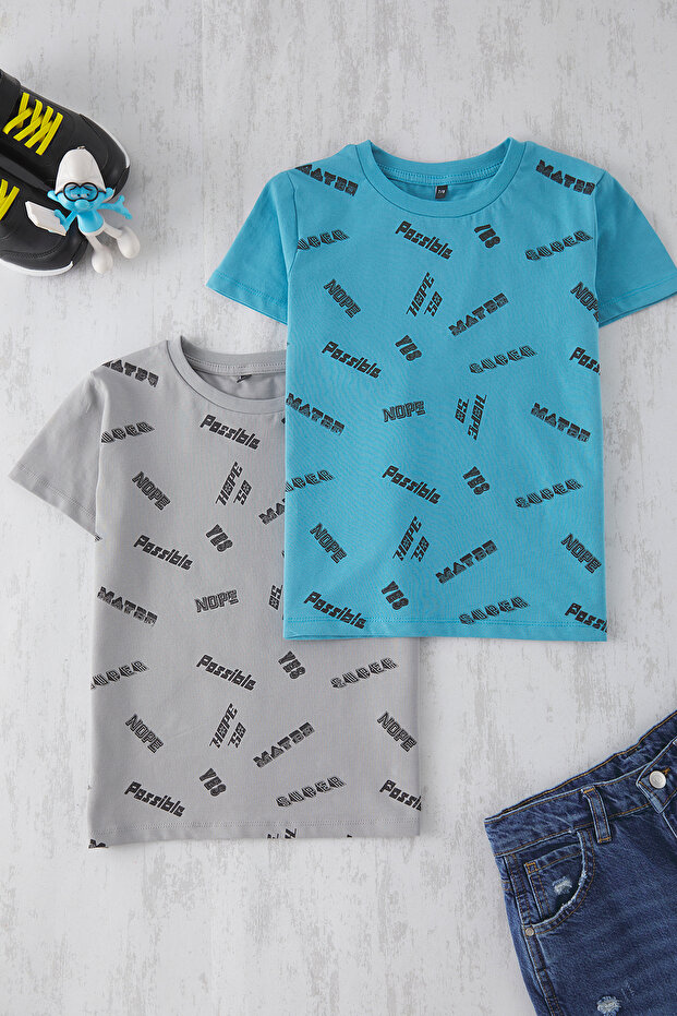 Gray-Blue 2-Pack Boys' Cotton Printed Short Sleeve Knitted T-Shirt Tkdss25Ts00087