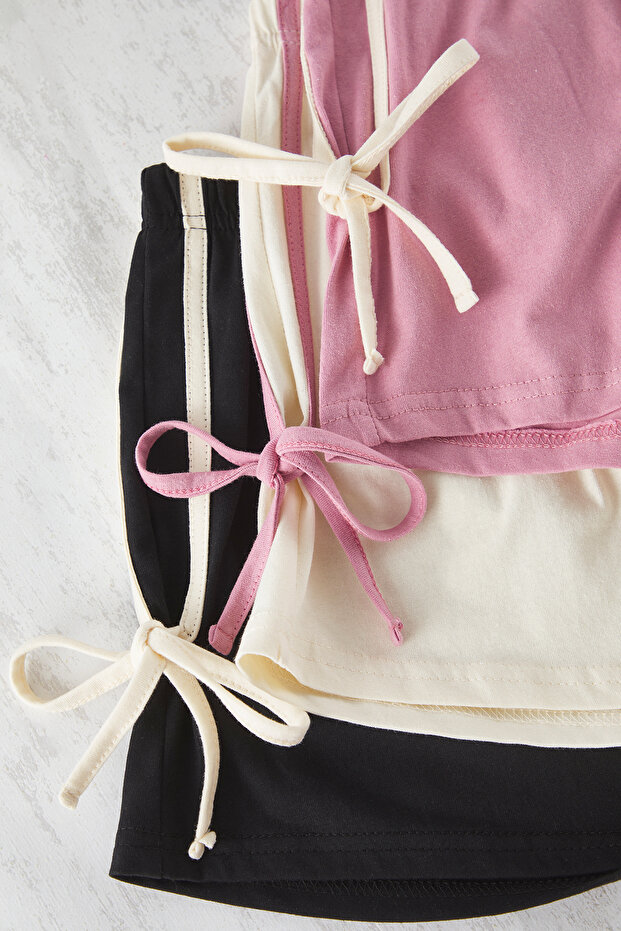 Pembe-Çok Renkli 3'lü Paket %100 Pamuklu Bağlamalı/Fiyonklu Örme Pijama Altı THMSS25PJ00022 - 2
