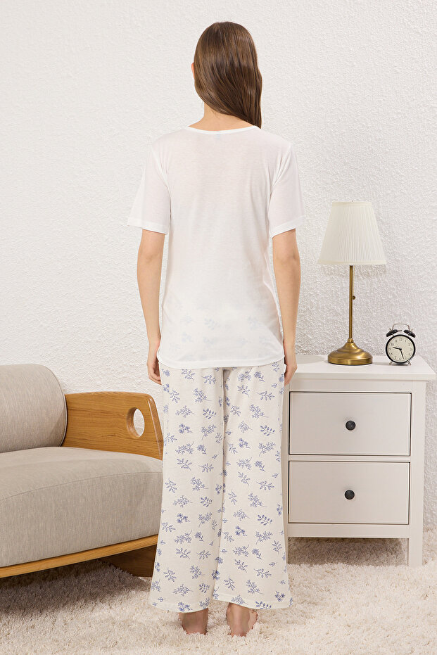 Beyaz-Mavi Pamuklu Çiçekli Cep Detaylı Hamile Örme Pijama Takımı THMSS25PT00212 - 8