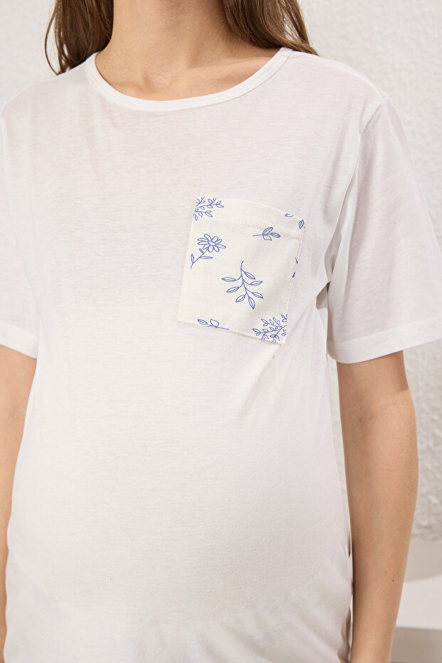 Beyaz-Mavi Pamuklu Çiçekli Cep Detaylı Hamile Örme Pijama Takımı THMSS25PT00212 - 7