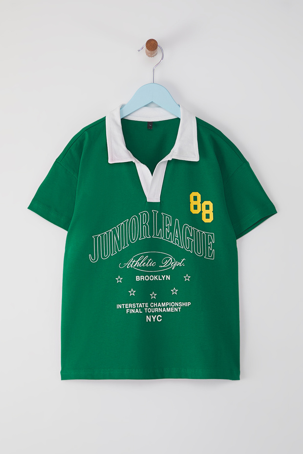 Yeşil Erkek Çocuk %100 Pamuk Slogan Baskılı Polo Yaka Kısa Kol Örme T-Shirt TKDSS25TS00080 - 2