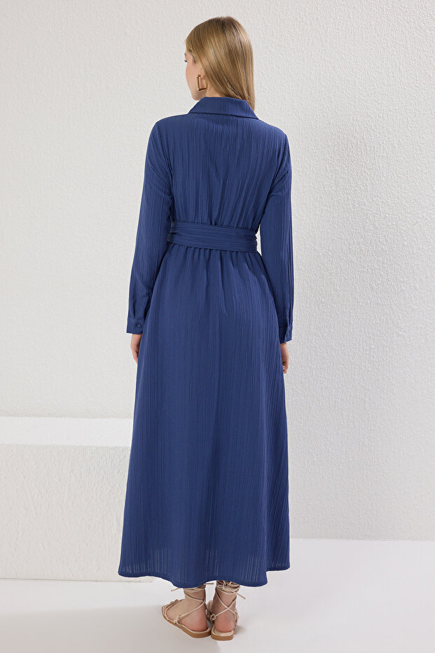 Saks Kuşaklı Dokuma Gömlek Elbise TCTSS25EB00068 - 4