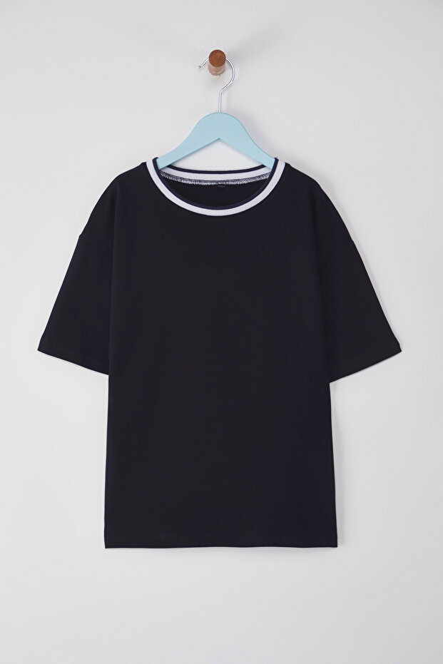 Lacivert Kız Çocuk %100 Pamuk Basic Regular/Normal Kalıp Biye Detaylı Örme T-Shirt TKDSS25TS00064 - 2