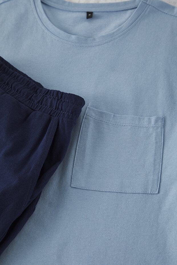 İndigo - Lacivert Regular Fit %100 Pamuk Örme Şortlu Pijama Takımı TMNSS25PT00033 - 4