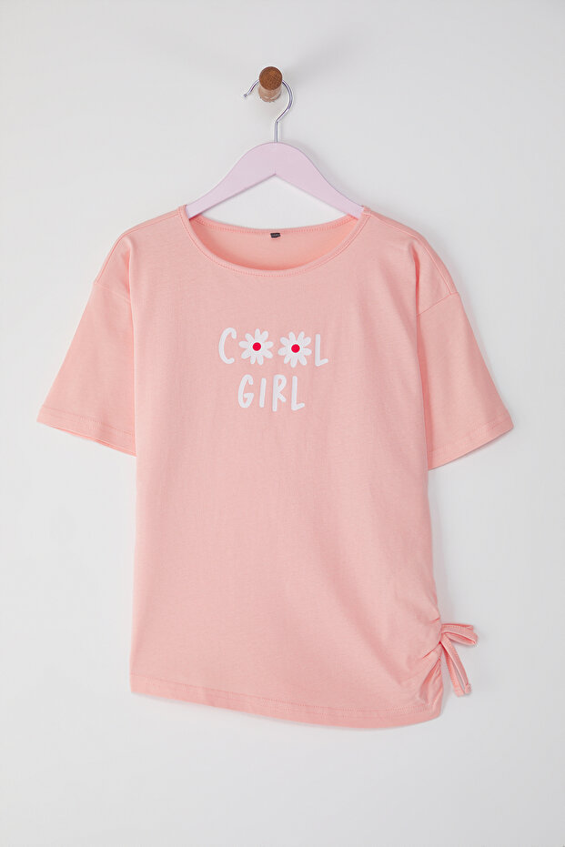 Pudra Kız Çocuk %100 Pamuk Slogan Baskılı Kısa Kol Örme T-Shirt TKDSS25TS00062 - 1