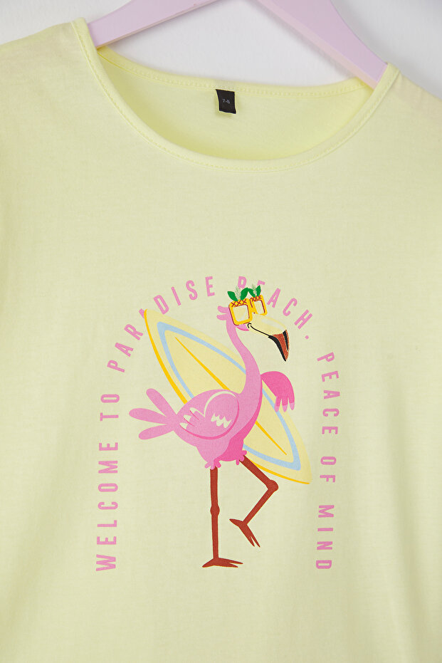 Sarı Kız Çocuk %100 Pamuk Flamingo Baskılı Kısa Kol Örme T-Shirt TKDSS25TS00061 - 3