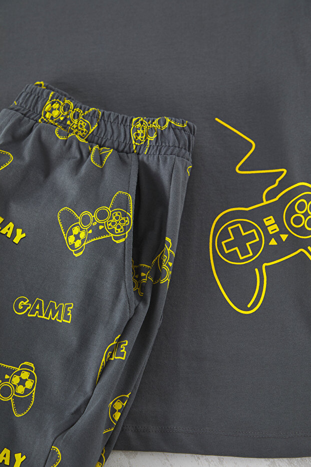 Antrasit Regular Fit Baskılı Şortlu Pijama Takımı TMNSS25PT00060 - 3