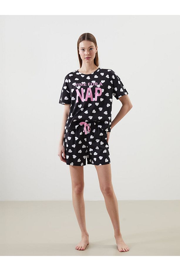 Yeni Sezon Bisiklet Yaka Baskili Kadin Sortlu Pijama Takimi - S5DR60Z8 - 1