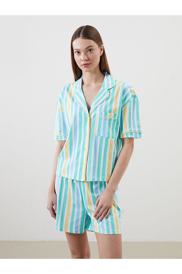 LCW DREAM Sarı Gömlek Yaka Çizgili Kadın Şortlu Pijama Takımı - 2