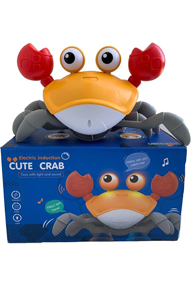HUT Crawling Crab Baby Toy – Light & Music, Obstacle-Avoiding Rechargeable Tummy Time Toy (Orange)