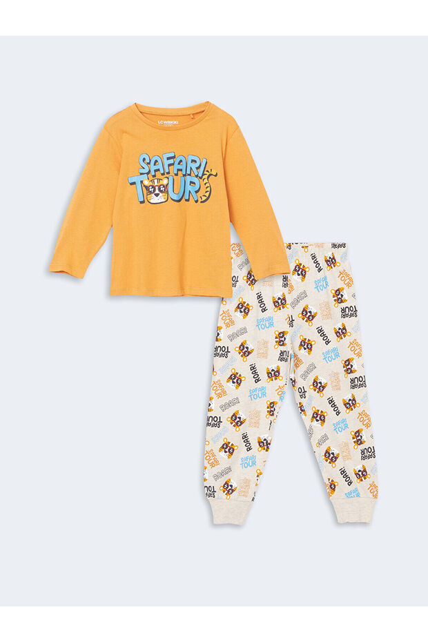Lcw Kids Orange Crew Neck Printed Boys' Pajamas Suit
