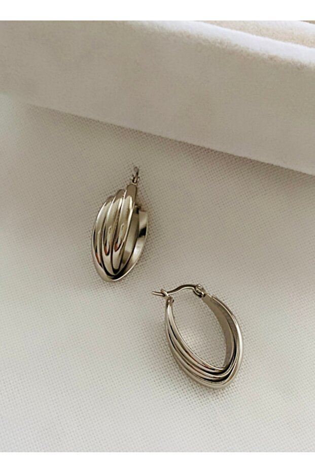 Steel Triple Appearance Curved Model Oval Earrings