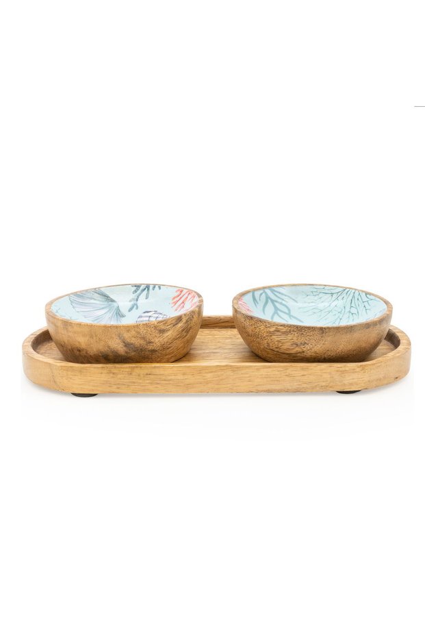 -CAN SET OF 2 SMALL MANGO WOOD DIPPING BOWLS ON TRAY - COASTAL SHORES