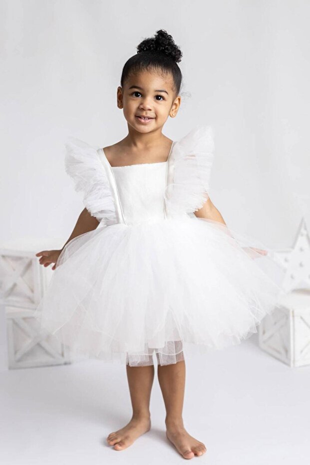 Ecru Girls' Dress with Tulle Shoulders - Caroline