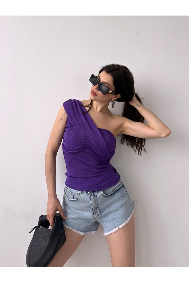 Kadın Tek Omuz Drape Detaylı Bluz Mor - 5