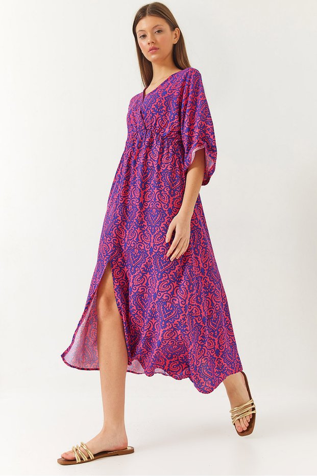 Women's Purple Double Breasted V-Neck Front Slit Detailed Patterned Dress 60261411