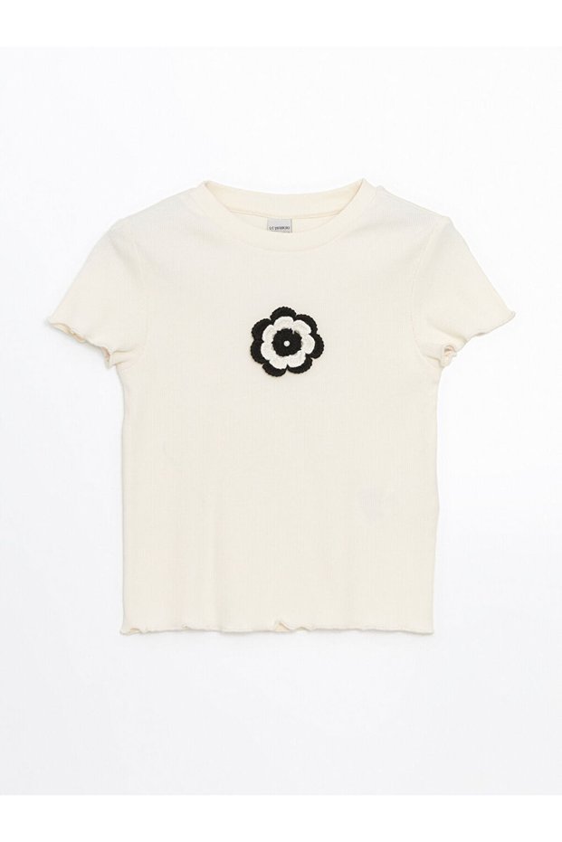 Lcw Kids Ecru Crew Neck Floral Girl's Crop T-Shirt