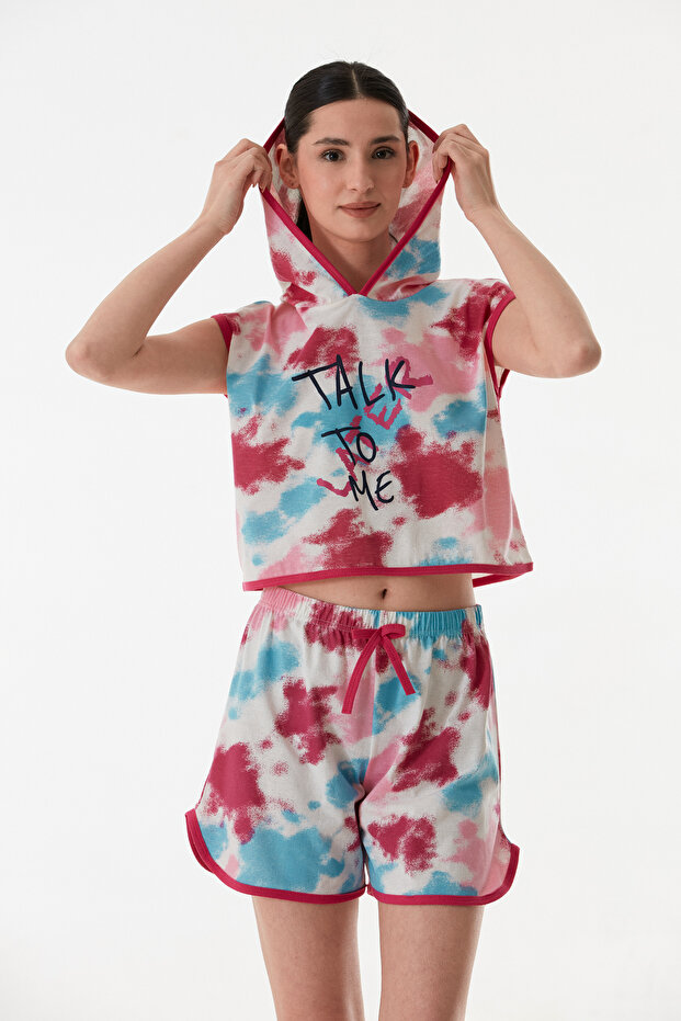 Women's Hooded Shorts Summer Printed Combed Cotton Pajama Set