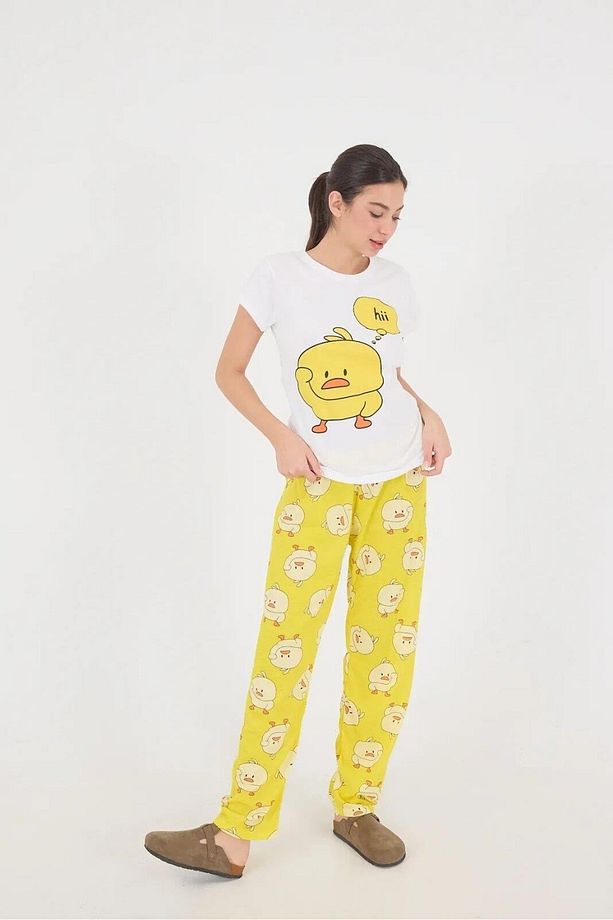 Kadın Sarı Alt-üst Pijama Takımı, Civciv Baskılı - 2
