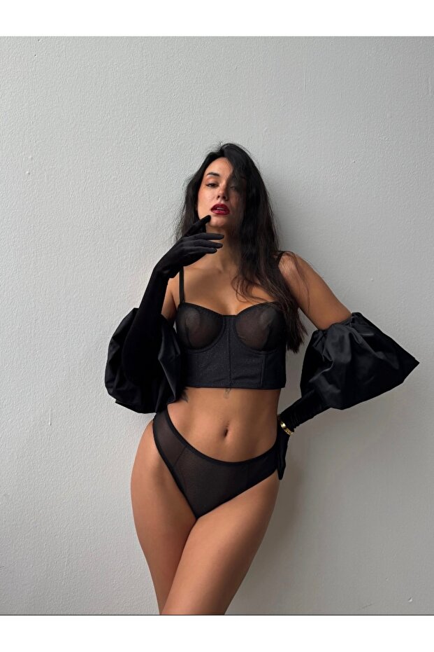 مجموعة بوستير علوية سوداء من Bralet Lurex