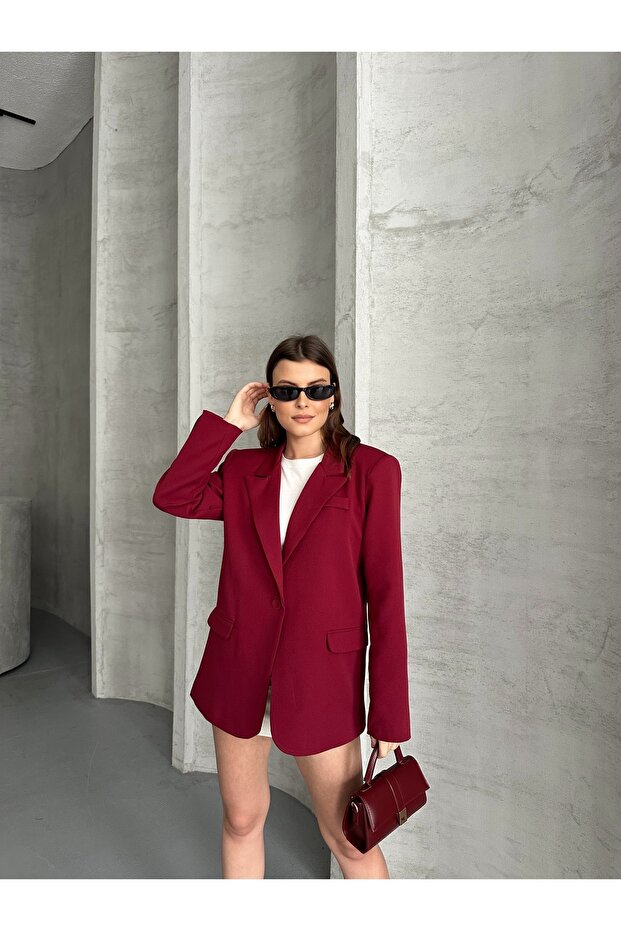 Kadın Bordo Basic Blazer Ceket - 5