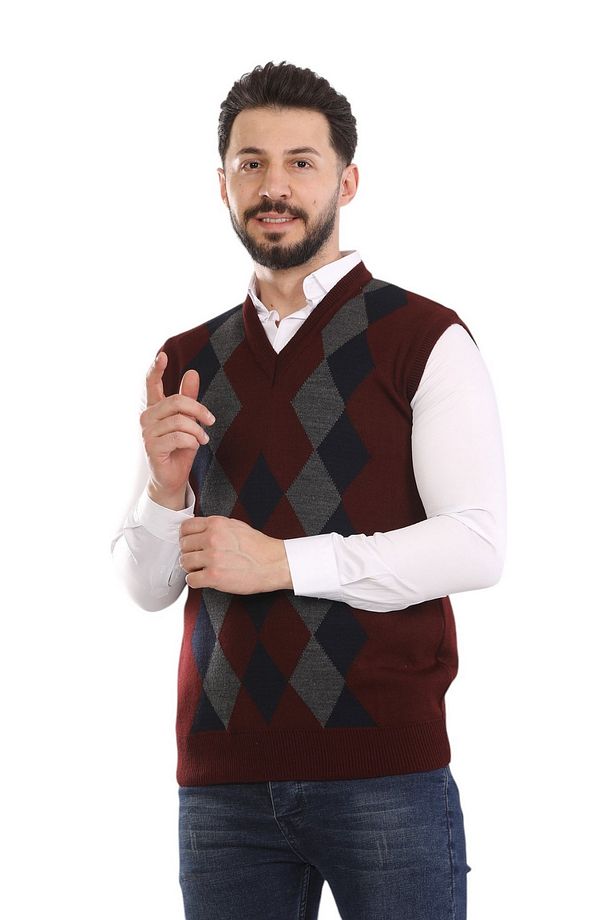 Erkek ve Orta Yaş Baklava Desenli Kışlık Kalın Triko V Yaka Triko Süveter - 3