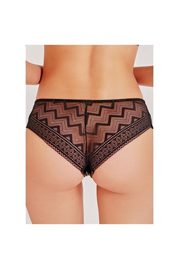 748 Deri Zigzag Dantelli Külot - Siyah - 2