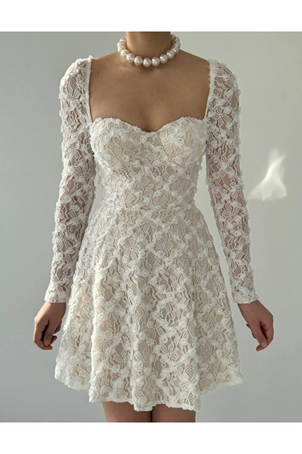 White Chest Deck Covering Floral Detail Lined Mini Premium Dress