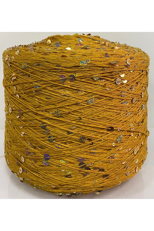 Knitting Yarn 100% Cotton 3Mm+6Mm Color Mustard Rainbow Sequin 200 Gr