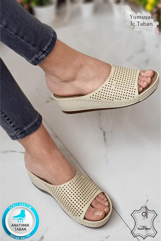 Suçi Women's Stylish Laser Patterned Daily Orthopedic Sole Slippers Guest Young Mother Outdoor Home Slippers Beige