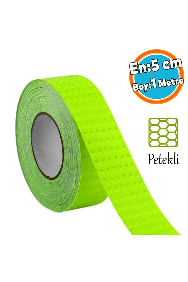 Gece Parlayan Yapışkanlı Reflektörlü 5 cm Fosforlu Reflektif İkaz Bandı 1 Metre Florasan Şerit Bant - 1