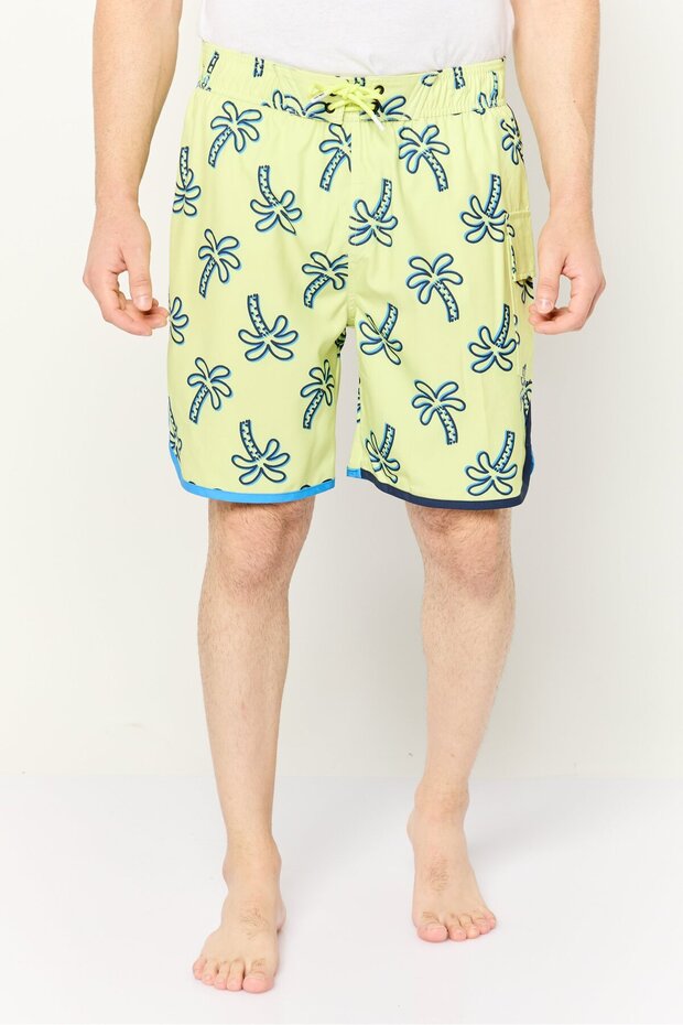 Men Allover Print Drawstring Board Shorts, Light Green Combo - 1