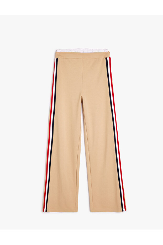 Viscose Blend Striped Detail Elastic Waist Wide Leg Pants