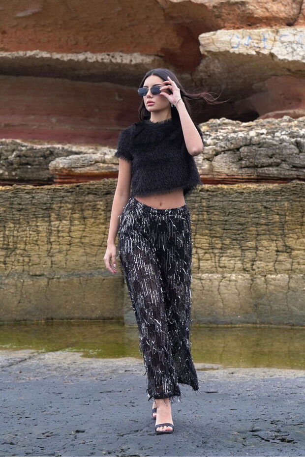 Sequin Tulle Wholesale Pants - Black Silver | Topshow