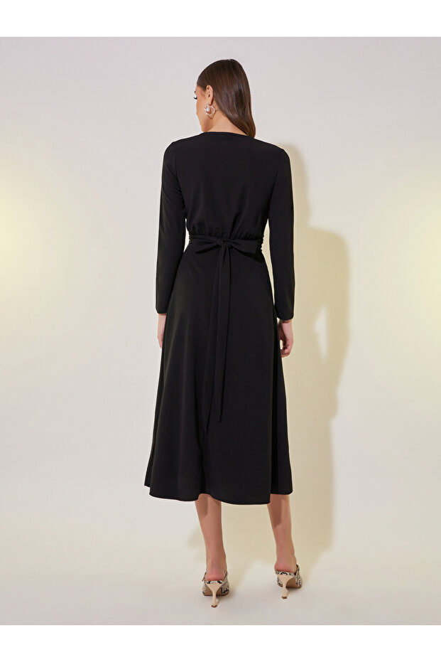 Solid Wrap Front Midi Dress with Tie-Up Back - 6