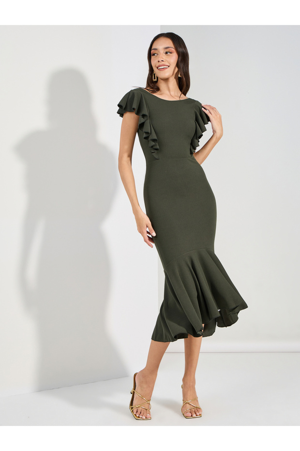 Ruffled Mermaid Hem Bodycon Midi Dress