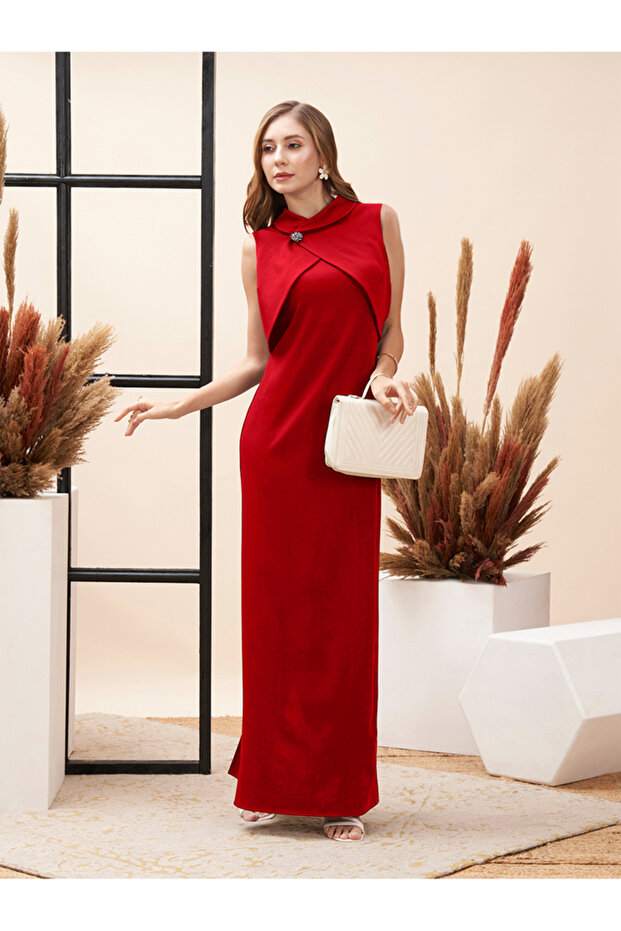 Collared Overlap Detail Maxi Dress with Back Slit