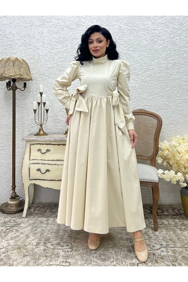 Hijab-Friendly Beige Long Poplin Flared Dress with Side Bow