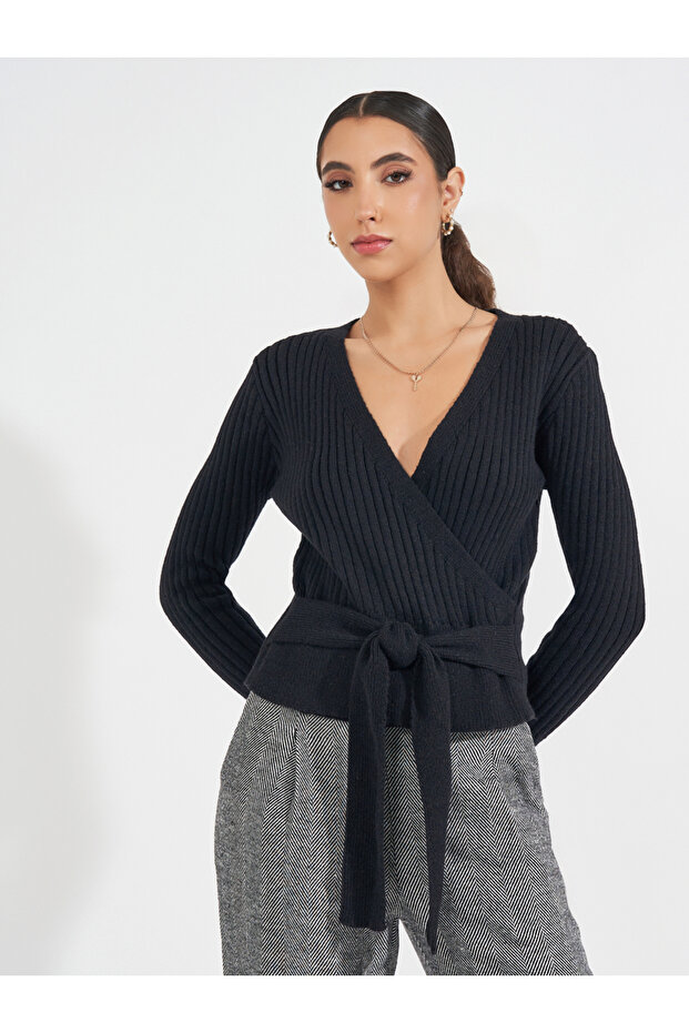 Rib Knitted Mock Wrap Top with Tie Detail