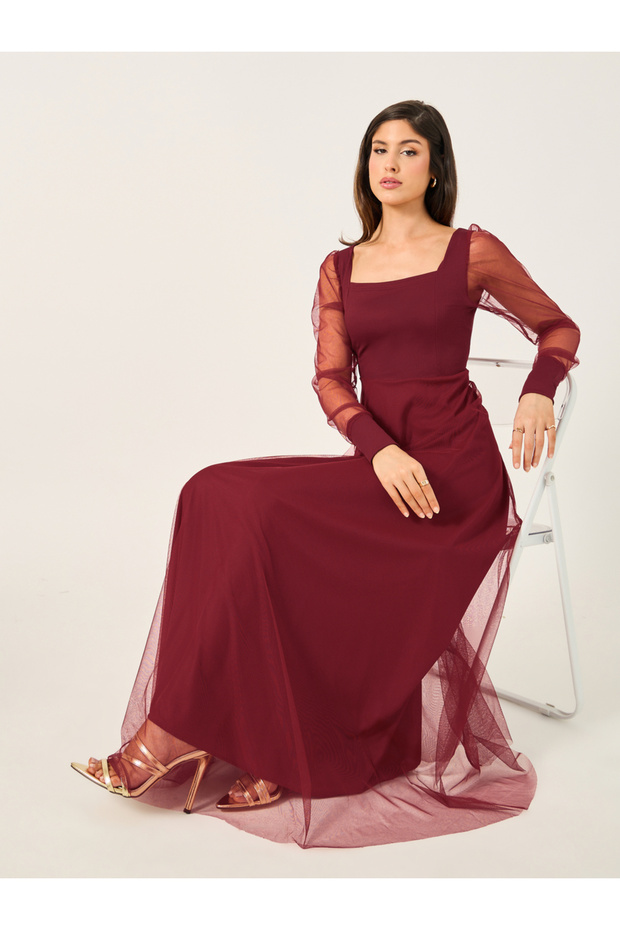 Mesh Insert Puff Sleeve Square Neck Maxi Dress