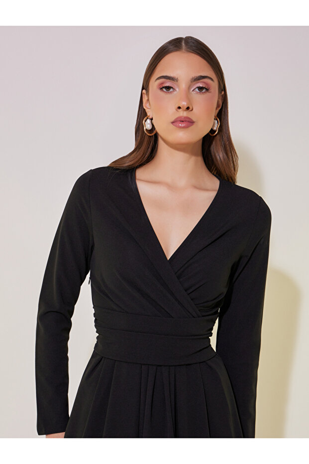 Solid Wrap Front Midi Dress with Tie-Up Back - 4