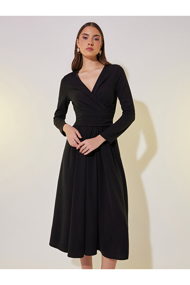 Solid Wrap Front Midi Dress with Tie-Up Back - 3