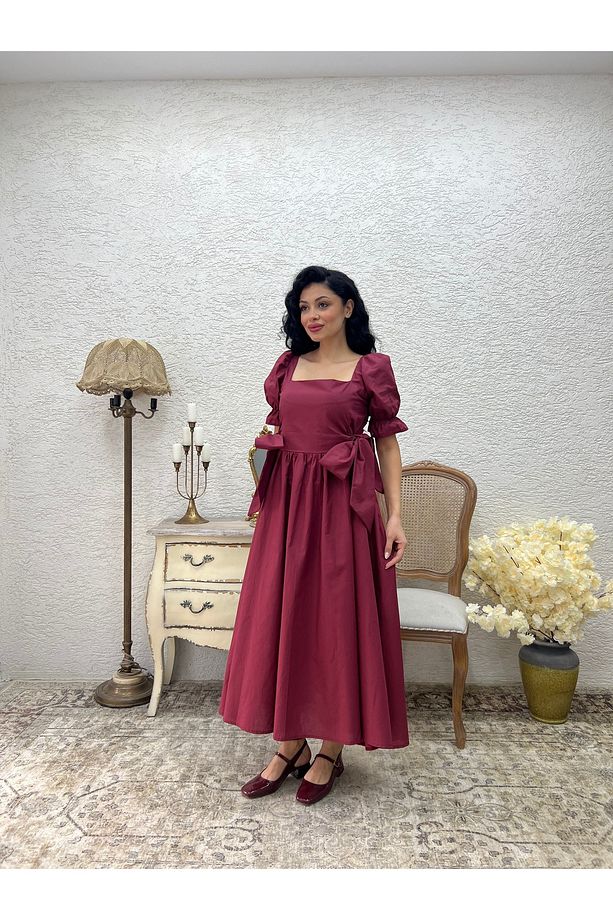 Bordo Yandan Fiyonklu Kare Yaka Kloş Poplin Elbise - 4