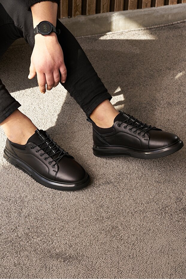 Men's Black Sneakers - Genuine Leather, Lace-Up, Thick Sole and Ankle Support 300