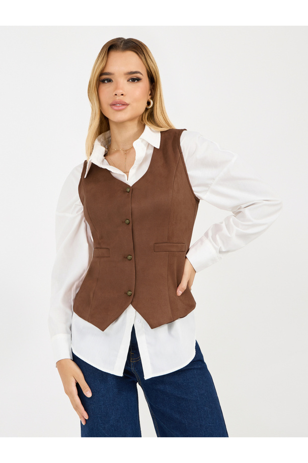Suede Look Waistcoat with Buttons